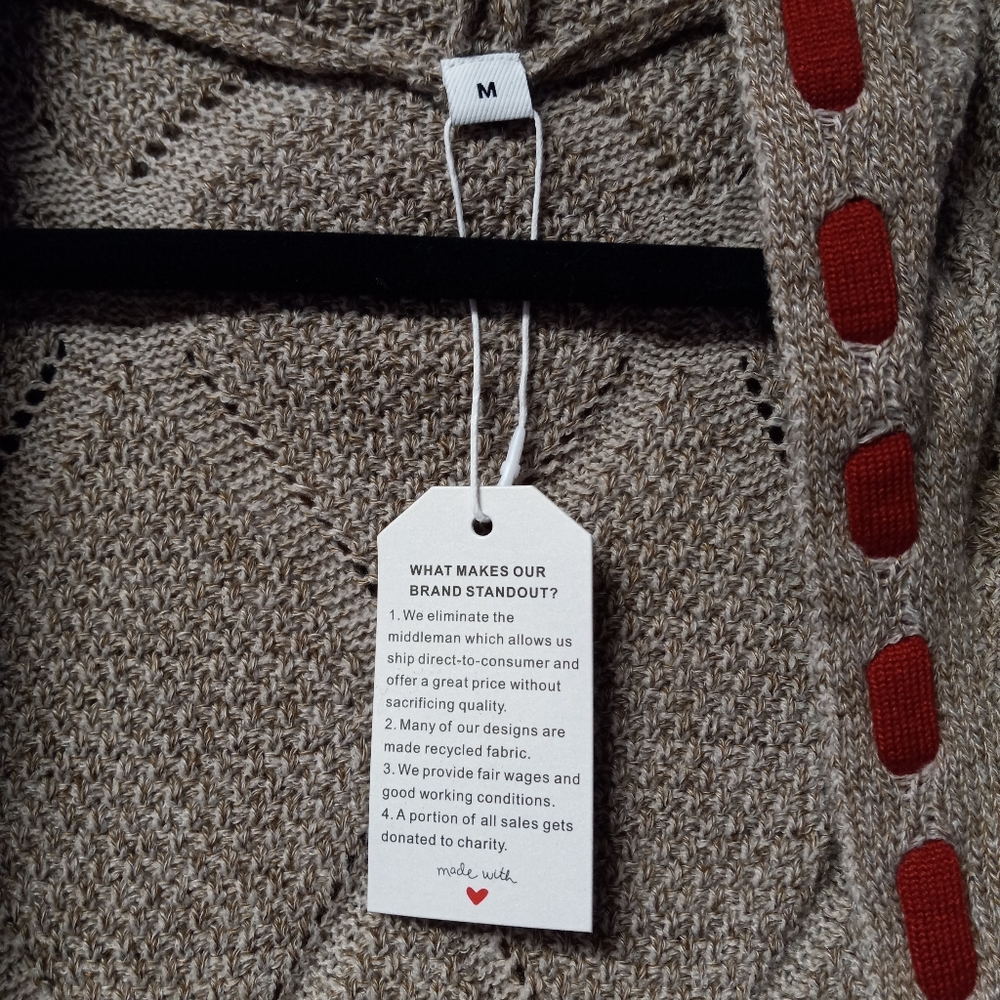 NWT Medium Knit Hoodie Open Front Cardigan Gray with Red Elbow patch - Picture 5 of 6